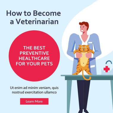 Veterinerlik mesleği, nasıl uzman olunur. İnternet 'te bilgi ve ipuçları. Klinikte kedileri iyileştiren bir adam. Web sitesi veya web sayfası şablonu, iniş sayfası, düz biçimli vektör