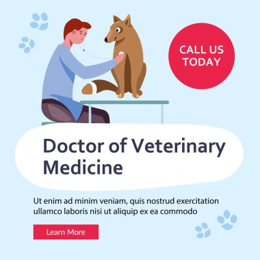 Hayvanlara veteriner yardımı, profesyonel yardım ve hayvanlara bakım. Köpekli bir adam ya da köpek yavrusu dinleyip tanı koyuyor. Web sitesi veya web sayfası şablonu, iniş sayfası, düz biçimli vektör