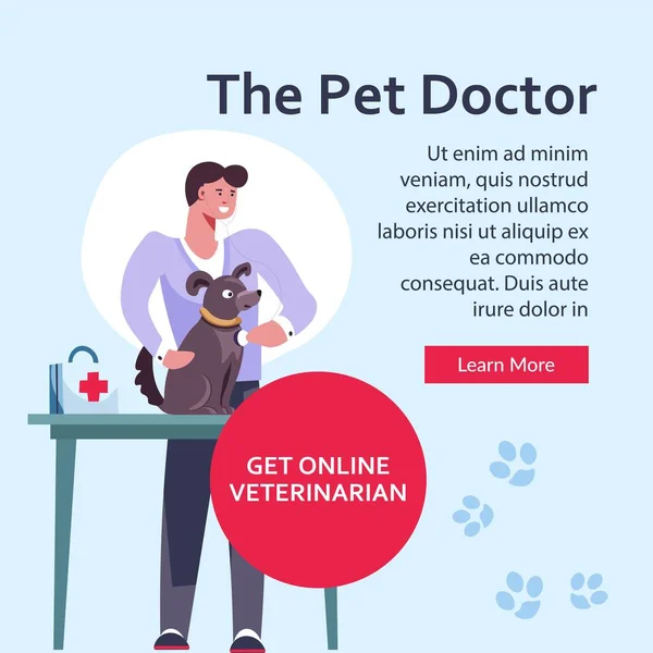 ペットや動物のための医学 獣医師とのセッションで犬 子犬の世話をする男 応急処置キットと薬を持つ男 ウェブサイトやウェブページのテンプレート ランディングページ フラットスタイルのベクトル — ストックベクタ