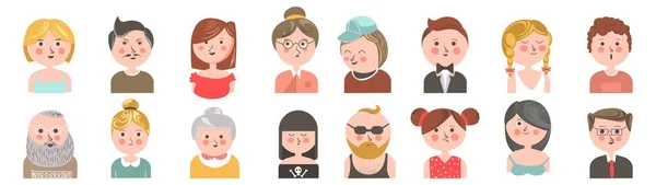 Jonge Oudere Personages Portretten Gezichten Geïsoleerde Personages Mannen Vrouwen Jongens — Stockvector