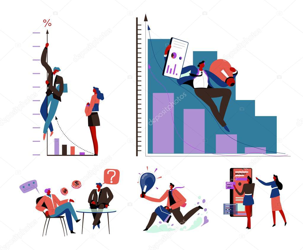 Improvement and development in business, people with analysis and charts with statistics. Director and secretary with documents, creative ideas and teamwork in unity. Vector in flat style illustration