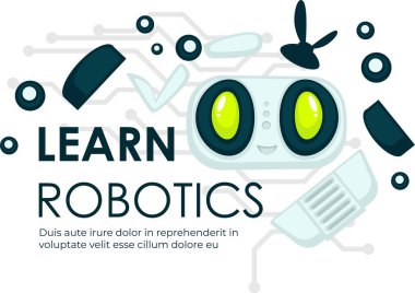 Robot küresi, bilimsel bilgi alanı, disiplini öğren. Mühendislik ve üretim, androidlerin ve robotların modellenmesi, siber ve sanal uzay otomasyonu. Düz biçim illüstrasyonunda vektör