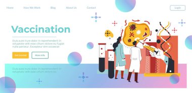 Laboratuvarda çalışan bilim adamları ve doktorlar kovid 19 'a karşı aşı icat etmeye çalışıyorlar. Aşılama ve aşılama süreci, tedavi ve sağlık. Web sitesi veya web sayfası şablonu, iniş sayfası düz vektörü