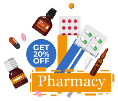 İlaçlar, ilaçlar, eczanede satıştaki damlalar ve yağlar. Eczane çeşitleri ve çeşitli ürünler. İlaç ürünleri indirimli ve indirimli reklam pankartları. Düz biçimli vektör