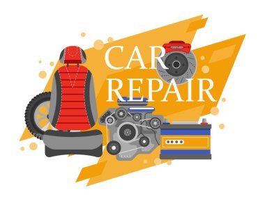 Aracın profesyonel bakım ve bakımı, araba tamir servisi, parçalı motor ve deri koltuk. Otomobil tamirhanelerindeki teknisyenlerin yardımı. Düz biçim illüstrasyonunda vektör