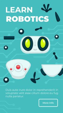 Robot eğitimi, dersler, mühendislik, programlama ve modelleme dersleri. Bilimin gelecekteki alanı. Robotlar yaratıyor. Web sitesi veya web sayfası şablonu, iniş sayfası düz vektörü