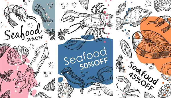 Dishes Meal Fish Seafood Served Restaurant Cafe Shrimps Crabs Lobster — Stock Vector