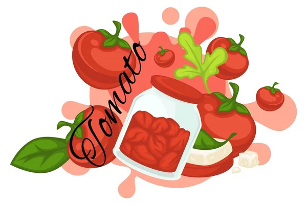杂货店的有机食品 广告横幅 保存或保存在罐子里的西红柿 烹调和吃健康的饭菜 有机和天然的配料 平面样式插图中的向量 — 图库矢量图片