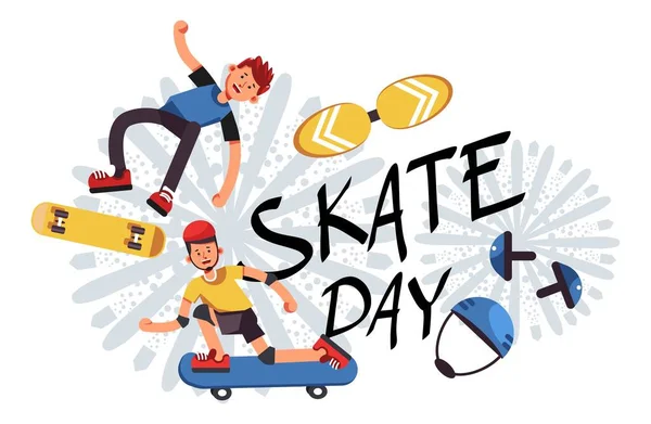 Kleuterjongens Die Trucs Vaardigheden Aan Boord Tonen Skate Dag Speciale — Stockvector
