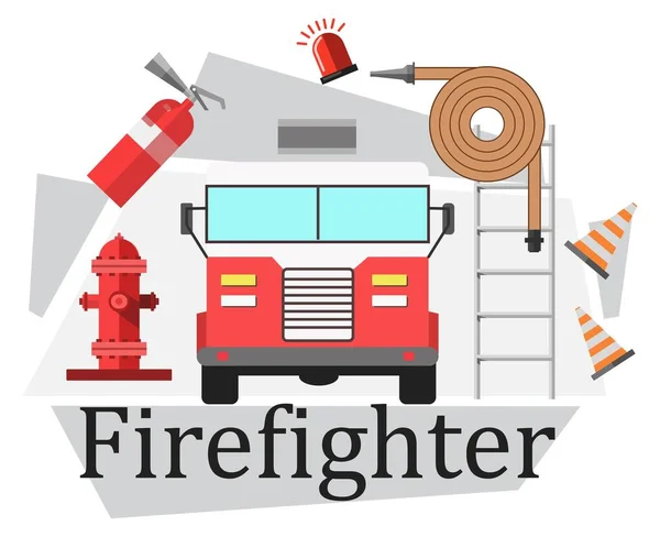 消火のための緊急 消防旅団の機器や機器 はしご ホース プラスチックコーンと油圧とトラック ライトとアラーム 平面図のベクトル — ストックベクタ