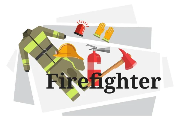 消防士のための機器 ツール 特別な制服の助けを借りて火を消す ズボンとトップ ヘルメットと木製のハンドルを持つ斧で保護服 平面図のベクトル — ストックベクタ