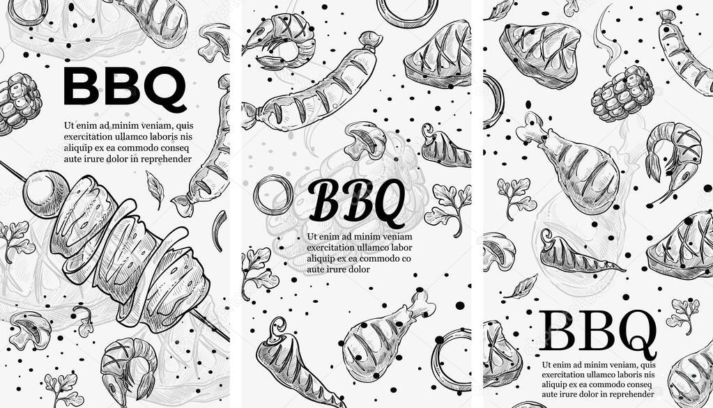 Grilled dishes and vegetables, seafood and veggies roasted on bbq. Barbeque chicken and shrimps, corn and pork or beef. Cafe or restaurant menu, advertisement banner or poster. Vector in flat style