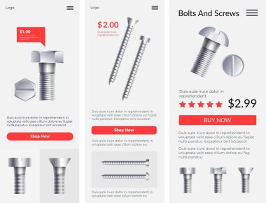 Vidalar ve cıvatalar, inşaat aletleri, malzemeler ve ekipmanlar. İnternetten alışveriş, eleştiriler ve fiyatlarla mağaza. Web sitesi veya web sayfası şablonu, iniş sayfası düz biçim vektörü