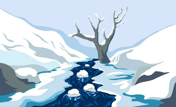 Natuur Wildernis Van Het Koude Seizoen Winterlandschap Met Stromende Rivier — Stockvector