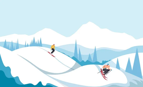 Esqui Snowboard Pessoas Descendo Esportes Radicais Resort Inverno Cordilheira Com — Vetor de Stock