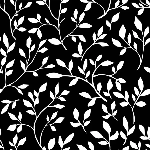 花や花の装飾シームレスなパターン 葉を持つ装飾的な枝や小枝 黒と白の花 繁栄花束芸術動機 モノクロームのスケッチのアウトライン フラットスタイルのベクトル — ストックベクタ