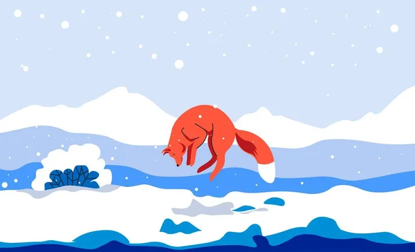 Jumping Fox Animal Winter Landscape Outdoors Nature Cold Season Frost Stock Vector