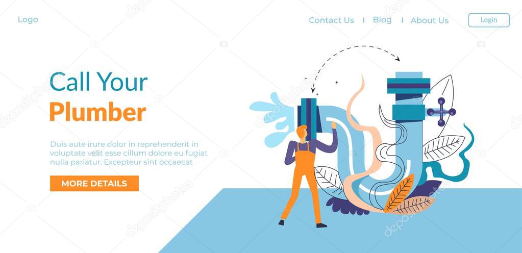Plumbing services in internet, call your plumber. Help of expert fixing and maintaining pipes. Repairing system at home of client. Website or webpage template, landing page flat style vector