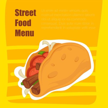 Taco veya burrito, sokak yemeği menüsü. Meksika yemeği, etli sandviç ve sebze dilimleri. Mutfak ya da aperatif, baharatlı börek ya da kahvaltı, öğle yemeği ya da akşam yemeği için paket. Düz biçimli vektör