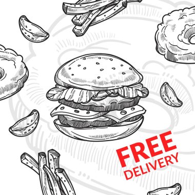 Dükkanlardan, dükkanlardan ve bistrolardan sokak yemekleri bedava. Etli hamburger, marul ve sebzeli çörek ve kızarmış patates. Atıştırmalık ve sandviç. Tek renkli çizim taslağı, düz biçimli vektör