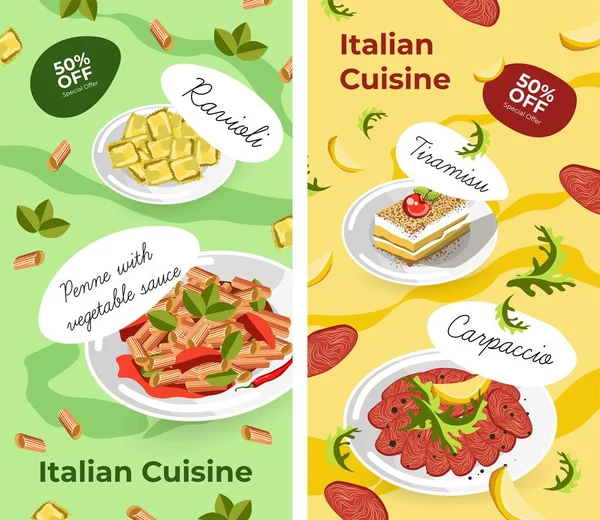Kuchnia Śródziemnomorska Włoskie Menu Lub Plakat Promocyjny Sprzedażą Rabatami Tiramisu — Wektor stockowy