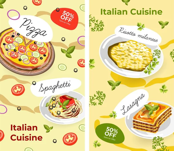 Bannière Promotionnelle Affiches Avec Des Ventes Des Rabais Cuisine Italienne — Image vectorielle