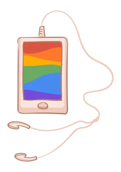 ヘッドフォンや虹の画面を持つスマートフォン — ストックベクタ