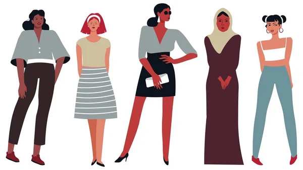 Vêtements de mode pour dames de différentes nations — Image vectorielle