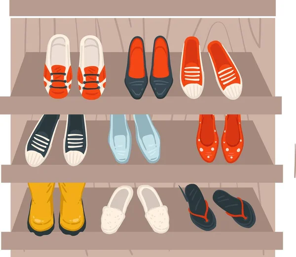 Plank met schoenen, sneakers en hakken winkel — Stockvector