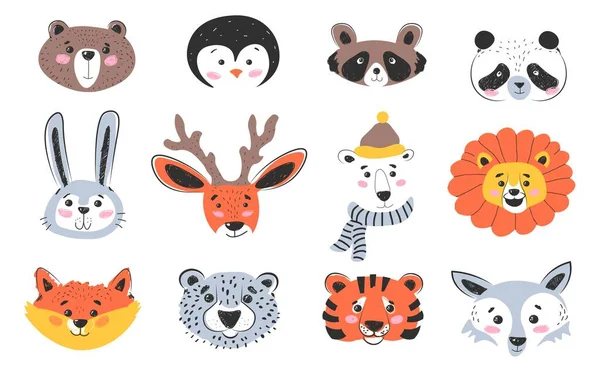 Retratos de animales y bozales, personajes de dibujos animados — Vector de stock