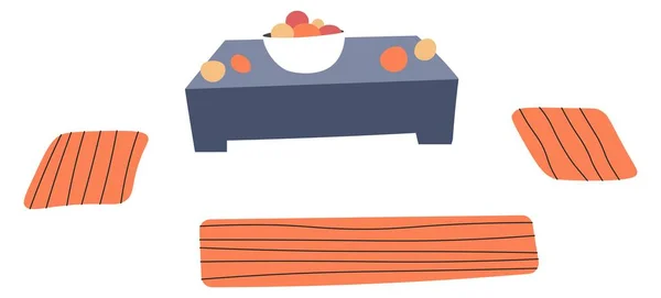 Mesa de centro con plato de frutas y alfombras de suelo — Vector de stock