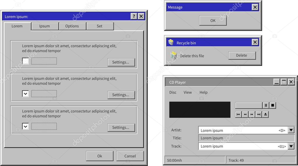 Windows xp interface and samples with buttons