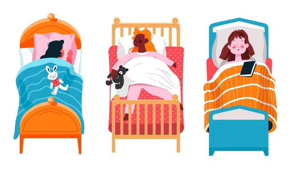 Dormir niños en la cama con juguetes, niño dormido — Vector de stock