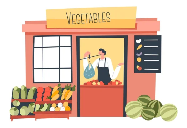 蔬菜商店、市场或有新鲜蔬菜的商店 — 图库矢量图片