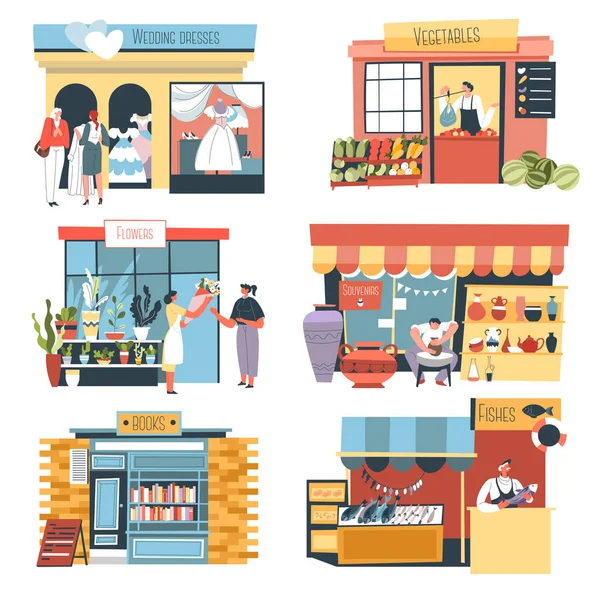 Commerces et étals, kiosques de rue et magasins vecteur — Image vectorielle
