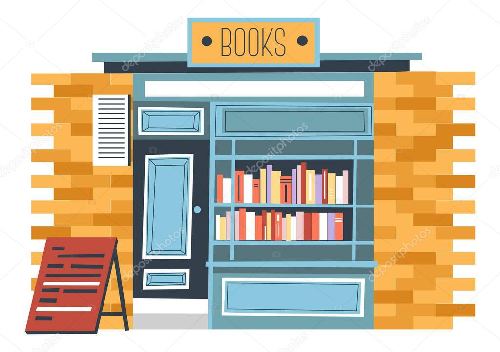 Stall and shop, market of kiosk with books vector