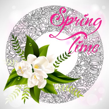 Taze bahar arka plan beyaz çiçek ve yaprak ile