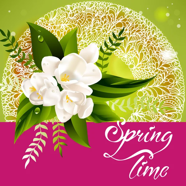 Frischer Frühlingshintergrund mit weißen Blüten und Blättern — Stockvektor