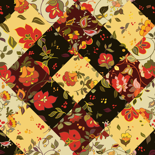 Seamless patchwork pattern with flowers. Vintage boho style