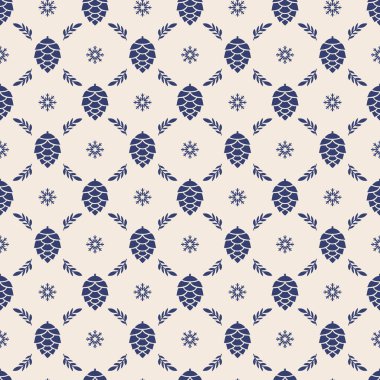 Koyu mavi çam kozalakları, yapraklar ve açık krem arka planda kar taneleri olan kusursuz vektör deseni. Tekstil, ambalaj ve tatil dekorları için halk esinlenilmiş kış tasarımı.