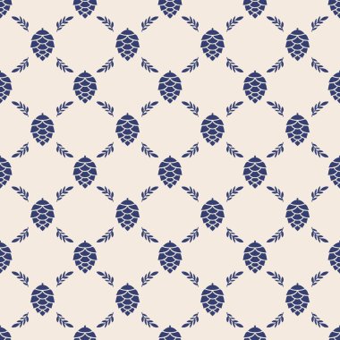 Mavi kozalaklı kusursuz vektör deseni ve krema arka planında kıvrımlı dallar, İskandinav kış tarzı. Şenlikli ambalaj kağıtları ve kumaş baskıları için harika..