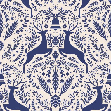 Mavi ren geyiği, çan, kozalak ve İskandinav tarzında hafif arka planda yeşillik olan kusursuz vektör deseni. Tatil kumaşı, duvar kağıdı ve ambalaj kağıdı için mükemmel..