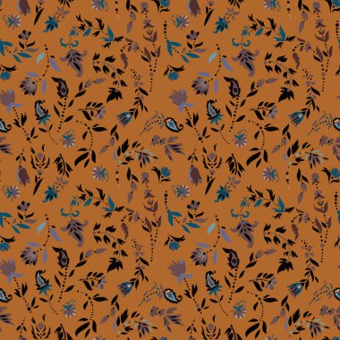 Seamless vector pattern of stylized folk flowers in blue, ochre, and black on a warm burnt background. Great for bohemian fabric and wallpaper.