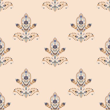 Seamless vector damask pattern in warm beige tones with stylized floral motifs and paisley ornaments. Ideal for classic wallpaper and home textiles.