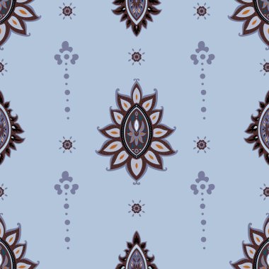 Seamless vector mandala damask pattern with floral symmetry in lilac and blue tones. Soft and refined for wallpapers, bedding, and textiles.