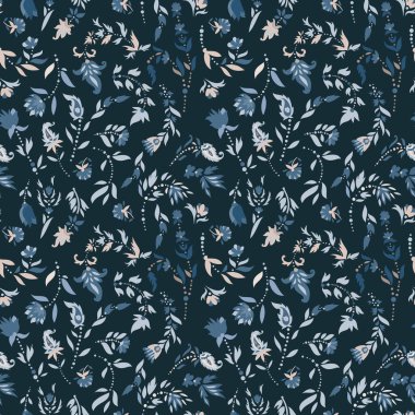 Seamless vector floral pattern in blue and cream tones with soft hand-painted look. Perfect for wallpaper, fabric, and elegant interiors.