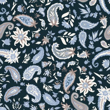 Rich dark blue seamless paisley and floral pattern in traditional ornamental style, vector design ideal for textiles, packaging and wallpapers.
