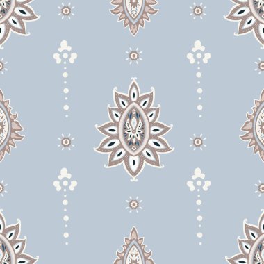 Elegant ornamental medallion motifs arranged on soft blue background, seamless vector pattern in traditional style ideal for textile and wallpaper design.