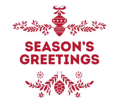 Red folk art illustration of two deer with branches and snowflakes forming a Happy Holidays greeting, isolated on white background. Perfect vector design for cards and winter packaging.