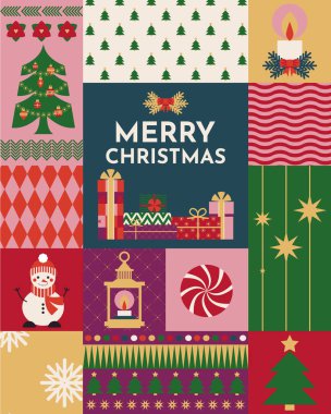 Colorful vector design with geometric patchwork squares featuring Christmas icons, tree, gifts, and snowman in retro festive style. Perfect for cards, gift wrap, and seasonal projects.